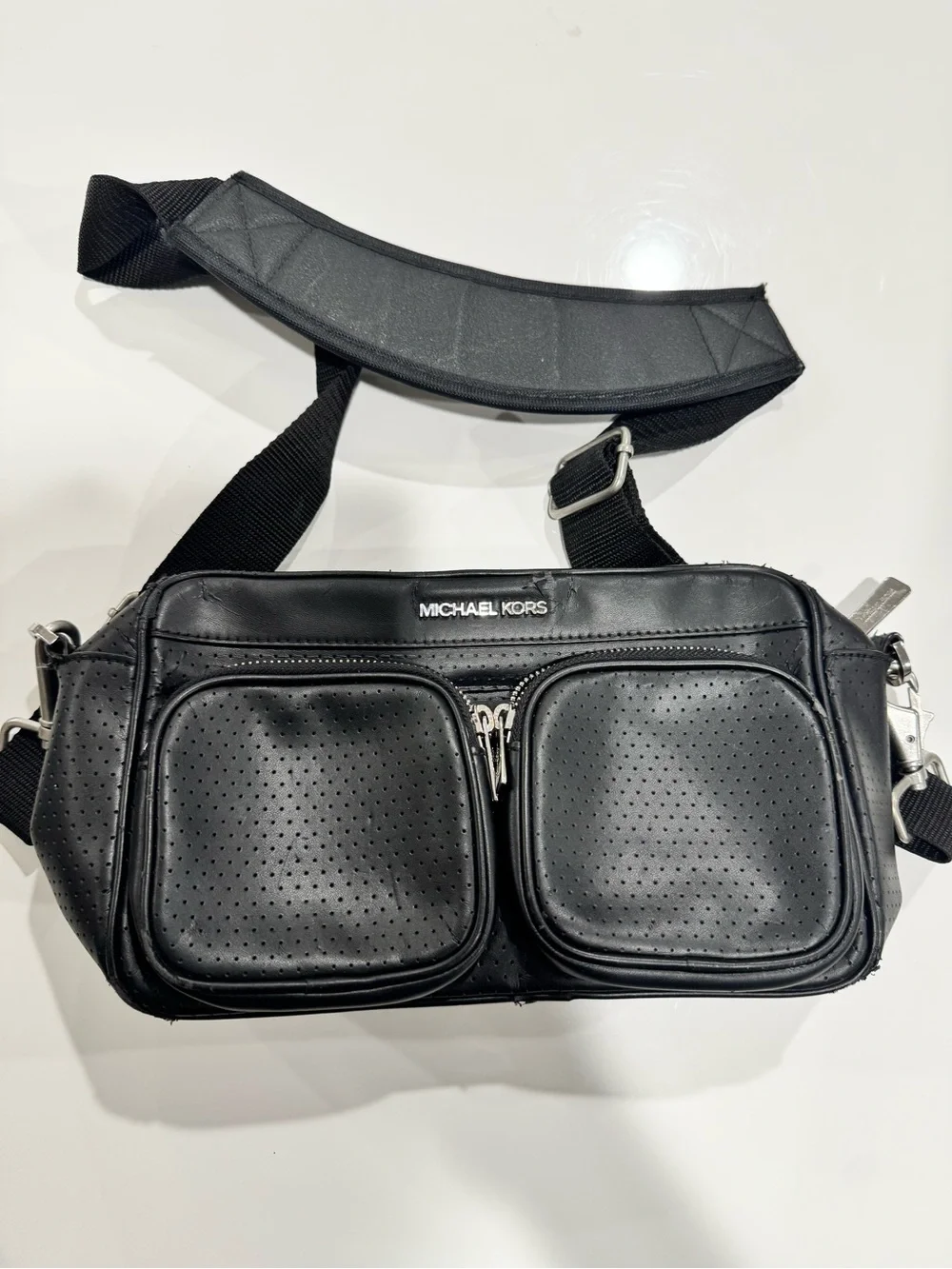 Michael Kors Black Perforated Dual-Pocket Messenger Bag